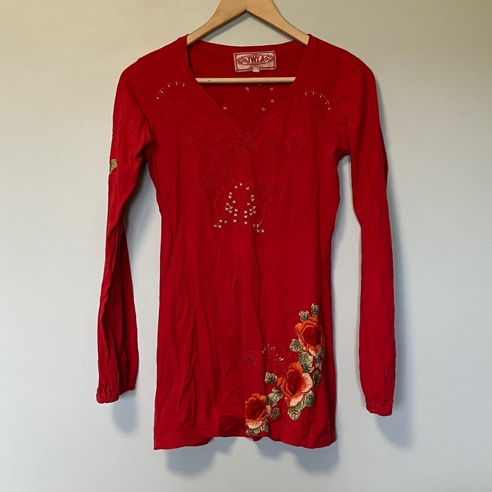 Johnny Was Red Floral Long Sleeve Top